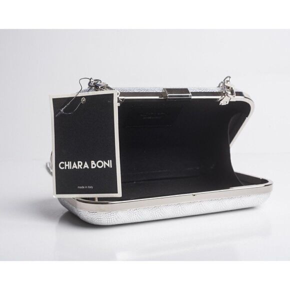 Chiara Boni Women Sliver Sparkle 40 Bianco Chain Leather Gloria Clutch Purse Box - Picture 8 of 8